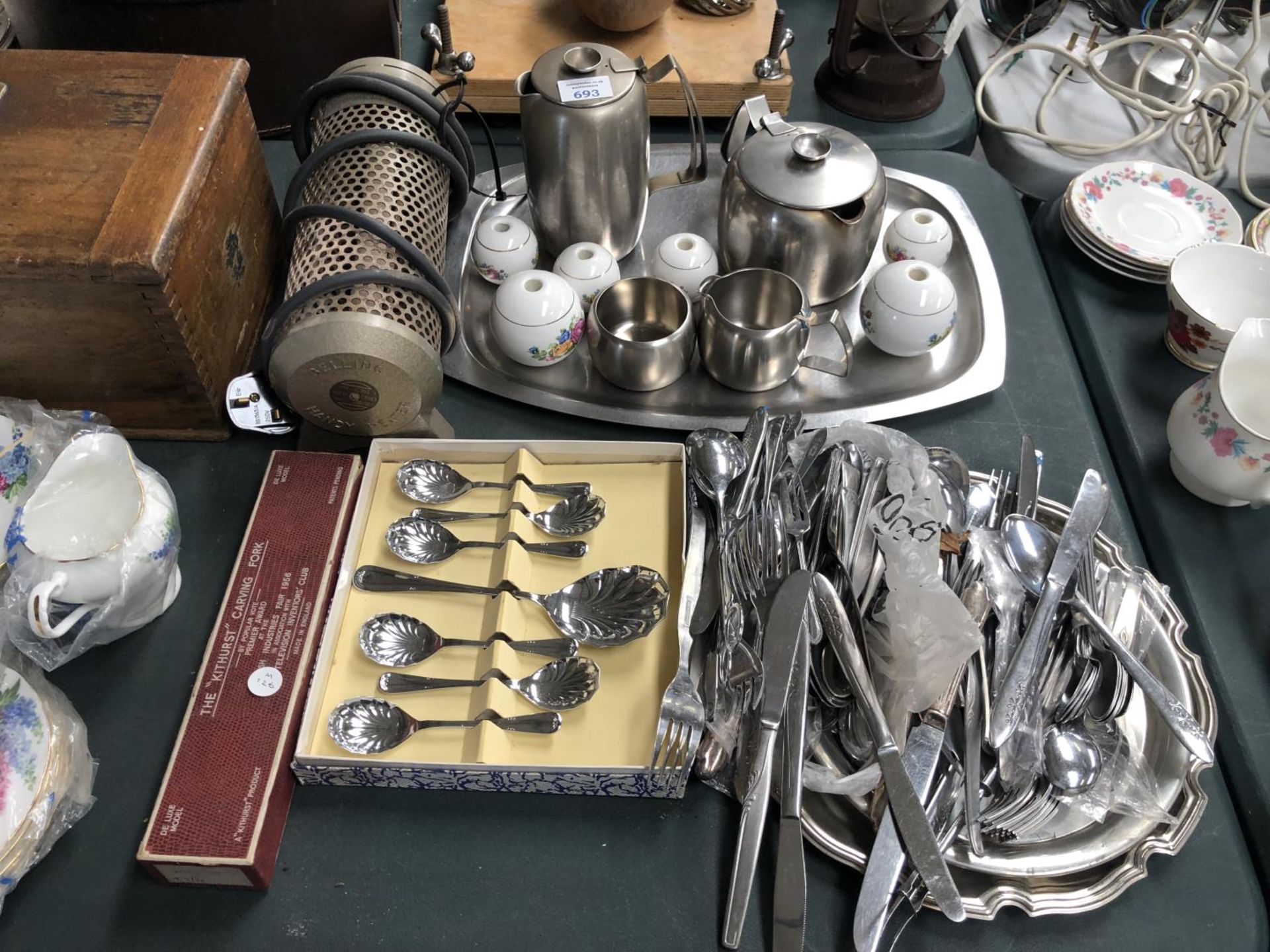 A MIXED GROUP OF ITEMS - 'OLD HALL' STAINLESS STEEL SET, HEATER ETC