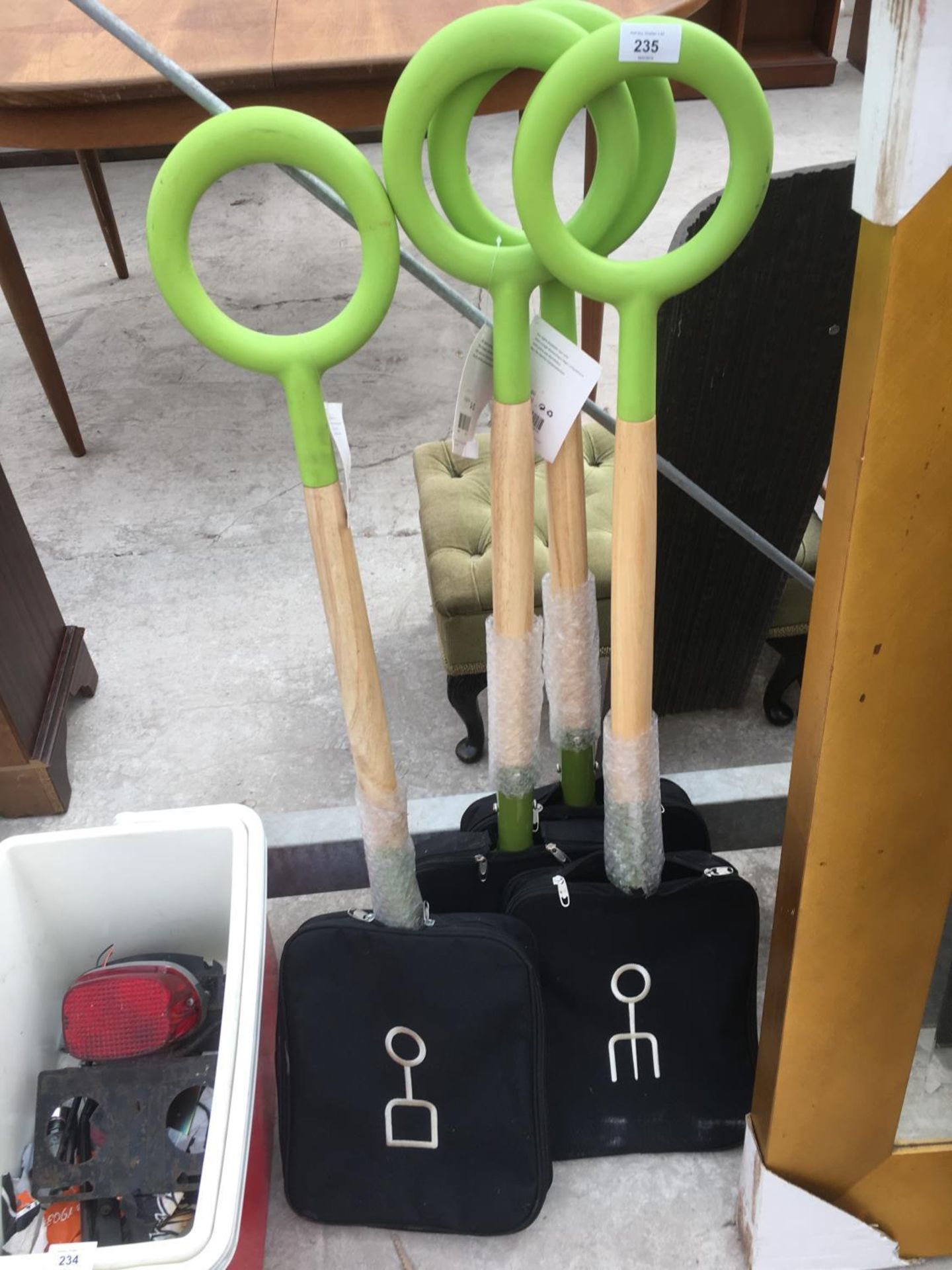 FOUR NEW GARDEN TOOLS WITH BAGS TO INCLUDE THREE FORKS AND ONE SPADE