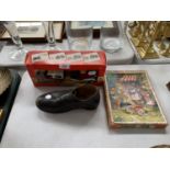 A VINTAGE CHILD'S LEATHER SHOE,JIGSAW AND 'BRITAINS' BOXED DIE CAST MODEL (3)