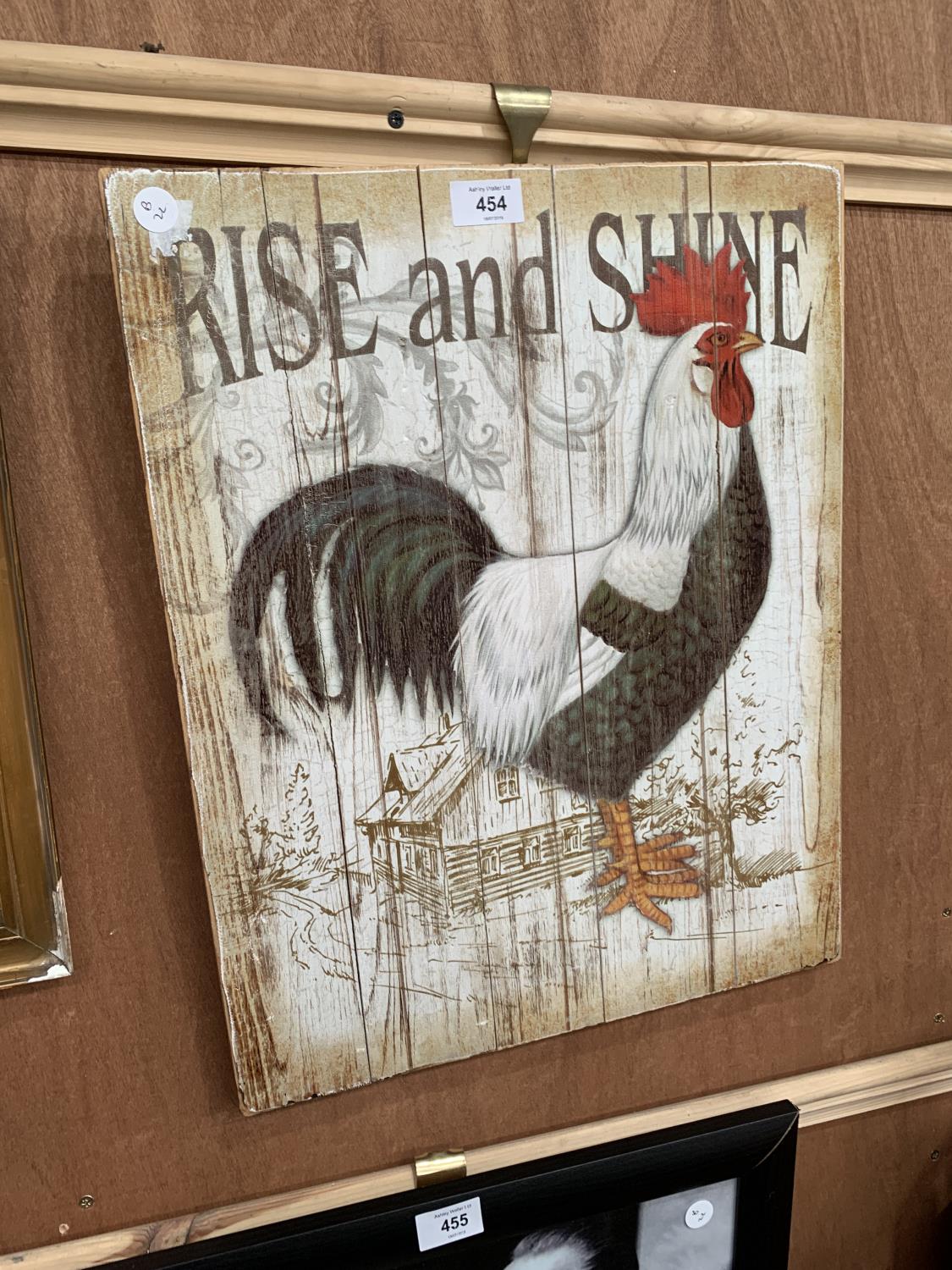 A 'RISE AND SHINE' WOODEN COCKEREL PICTURE