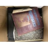 A LARGE MIXED LOT IN CARDBOARD BOX TO INCLUDE ALBUMS , STOCKBOOKS AND LOOSE