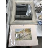 A GILT FRAMED MIRROR AND FURTHER PRINT