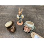 THREE FIGURES TO INCLUDE MINIATURE ROYAL DOULTON CHARACTER JUG 'THE LAWYER' AND FURTHER ROYAL