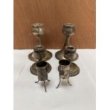 TWO PAIRS OF HALLMARKED SILVER CANDLE STICKS AND TWO CHINESE WHITE METAL MINIATURE POTS (6)