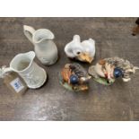 A COLLECTION OF TWO JUGS, A ROYAL OSBORNE FIGURE OF TWO DUCKS AND TWO BESWICK STUDIO SCULPTURES