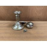 A HALLMARKED SILVER DWARF CANDLESTICK, SILVER LIDDED POT AND SPOON AND STERLING SILVER SWAN