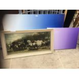 A FRAMED PRINT OF ROSA BONHEUR HORSE FAIR 1835 AND A LARGE BLUE CANVAS WITH A SMALLER PURPLE ONE