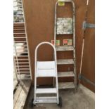 A FIVE STEP ALLOY STEP LADDER AND A WHITE TWO STEP TROLLEY/STACK TRUCK