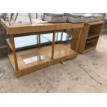 AN ILLUMINATED OAK SHOP DISPLAY STAND AND FURTHER UNIT (2)