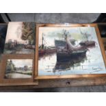 A PINE FRAMED OIL PAINTING OF A BOAT AND TWO WATERCOLOURS, (UNFRAMED) (3)