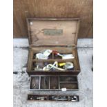 A VINTAGE WOODEN TOOL BOX WITH INNER TRAYS AND CONTENTS