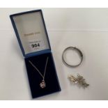 A BOXED SILVER NECKLACE WITH SILVER BROOCH AND BANGLE