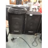 A PAIR OF PRO SOUND SPEAKERS WITH LONG CABLES