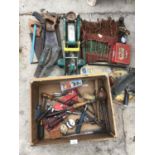 VARIOUS TOOLS TO INCLUDE DRILL BITS, SAWS, TROLLEY JACK, HARDWARE ETC