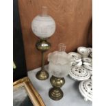 TWO BRASS OIL LAMPS AND GLASS SHADES