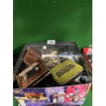 A LARGE TIN CONTAINING VARIOUS COINS, BADGES, OTHER COLLECTABLE TINS ETC