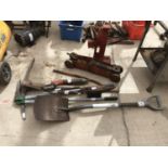 VARIOUS TOOLS TO INCLUDE A SMALL ANVIL, TROLLEY JACK, PICK AXE, SHOVEL ETC