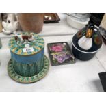 A MAJOLICA CHEESE DISH AND A HEN POT