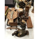 A LARGE GROUP OF ASSORTED WOODEN TREEN ITEMS, RELIGIOUS PLAQUE, DUCK MODEL ETC