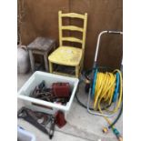 A VINTAGE WOODEN STOOL AND CHAIR, A GARDENA HOSE PIPE ON A REEL AND BOX OF TOOLS