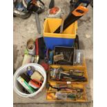 VARIOUS TOOLS TO INCLUDE HAMMERS, SAW, BRUSHES, SCREWDRIVERS ETC