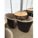 THREE MODERN TUB CHAIRS AND TABLE