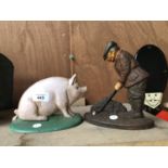 TWO CAST METAL DOOR STOPS, GOLFER AND A PIG
