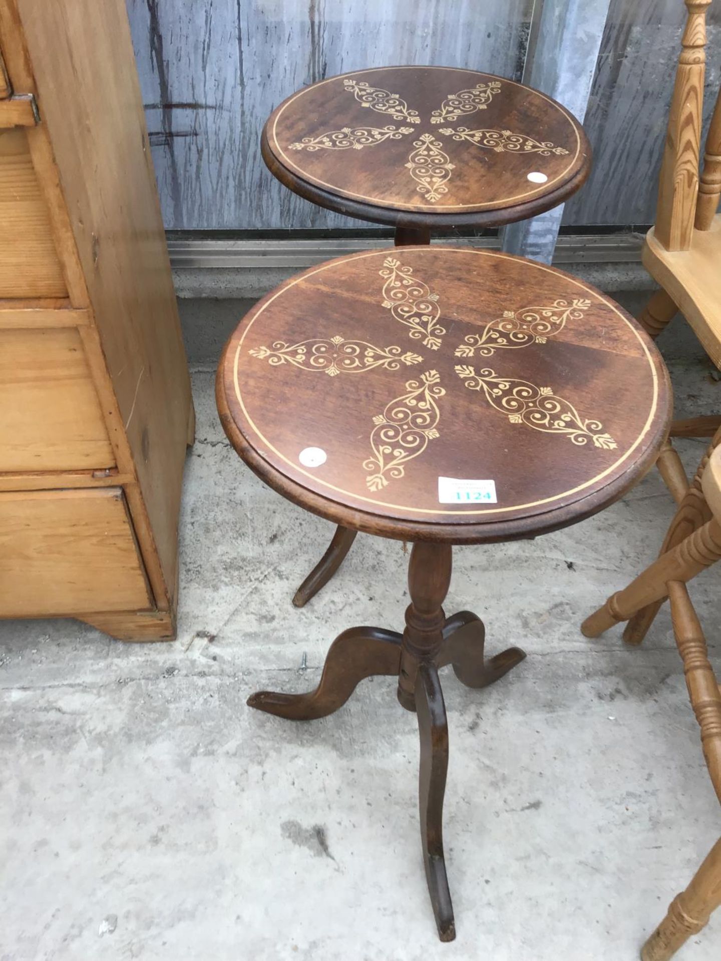 TWO INLAID TOP TRIPOD SIDE TABLES