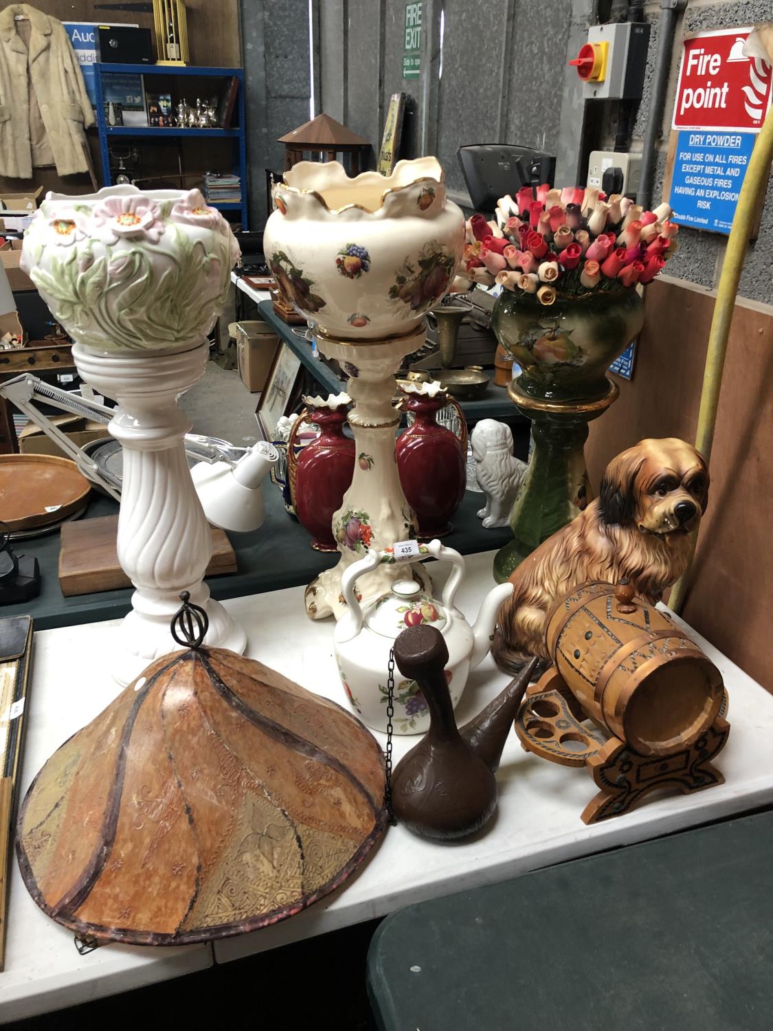 MIXED ITEMS - THREE JARDINIERES AND STANDS, DOG FIGURE ETC