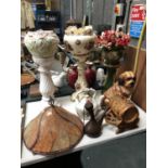 MIXED ITEMS - THREE JARDINIERES AND STANDS, DOG FIGURE ETC