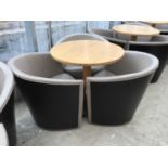 THREE MODERN TUB CHAIRS AND TABLE