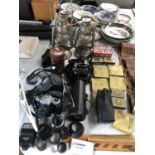 MIXED ITEMS - VINTAGE LAMPS, CAMERAS, TINS ETC