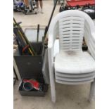 FOUR WHITE PLASTIC STACKING CHAIRS AND TABLE, A LIDDED GALVANISED BIN, GARDEN TOOLS ETC