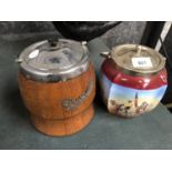 TWO COLLECTABLE BISCUIT BARRELS TO INCLUDE WOODEN BOUND EXAMPLE