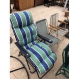 A RECLINING GARDEN SUNLOUNGER WITH CUSHION AND TWO VINTAGE METAL FRAMED FOLDING DECK CHAIRS WITH