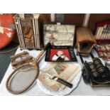 MIXED ITEMS - VINTAGE BADMINTON RACKETS, CARRIAGE, DISPLAY CASE ETC