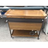 A RETRO TEAK STYLE HOSTESS TROLLEY IN WORKING ORDER