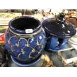 A QUALITY GARDEN LARGE BLUE VASE AND LARGE POT