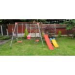 TWO PLASTIC GARDEN CHAIRS, A CHILDS SLIDE AND A CHILDRENS PLAYSET WITH TWO SWINGS AND A SLIDE