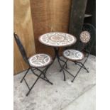 A DECORATIVE BISTRO TABLE AND TWO CHAIRS SET