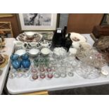A LARGE GROUP OF ITEMS, DRINKING GLASSES ETC