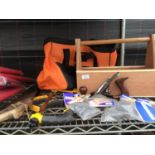 A BLACK AND DECKER TOOL BAG, WOODEN TOOL BOX, PLANE, SAWS AND NAILS ETC