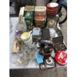 A COLLECTION OF VINTAGE TINS, CAMERA AND NOVELTY SHOT GLASSES ETC
