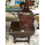 A SMALL MAHOGANY TABLE AND STORAGE BOX