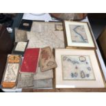 A MIXED GROUP OF VINTAGE ROAD MAPS, FRAMED HAND COLOURED ENGRAVINGS ETC