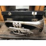 A VINTAGE CASED SILVER PLATED 'HAWKES & SON' LONDON CORNET