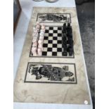 A DECORATIVE CHESS BOARD WITH PIECES