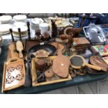 A LARGE COLLECTION OF ITEMS TO INCLUDE WOODEN JEWELLERY BOX, WOODEN PLAQUES ETC
