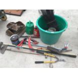 VARIOUS TOOLS AND GARDEN TOOLS TO INCLUDE HOE, SHEARS, LOPPERS, SPANNERS, METAL TOOL BOX, PTROL CAN,