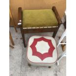 A VINTAGE SEWING STOOL AND LEATHER TOPPED FOOT STOOL (2)